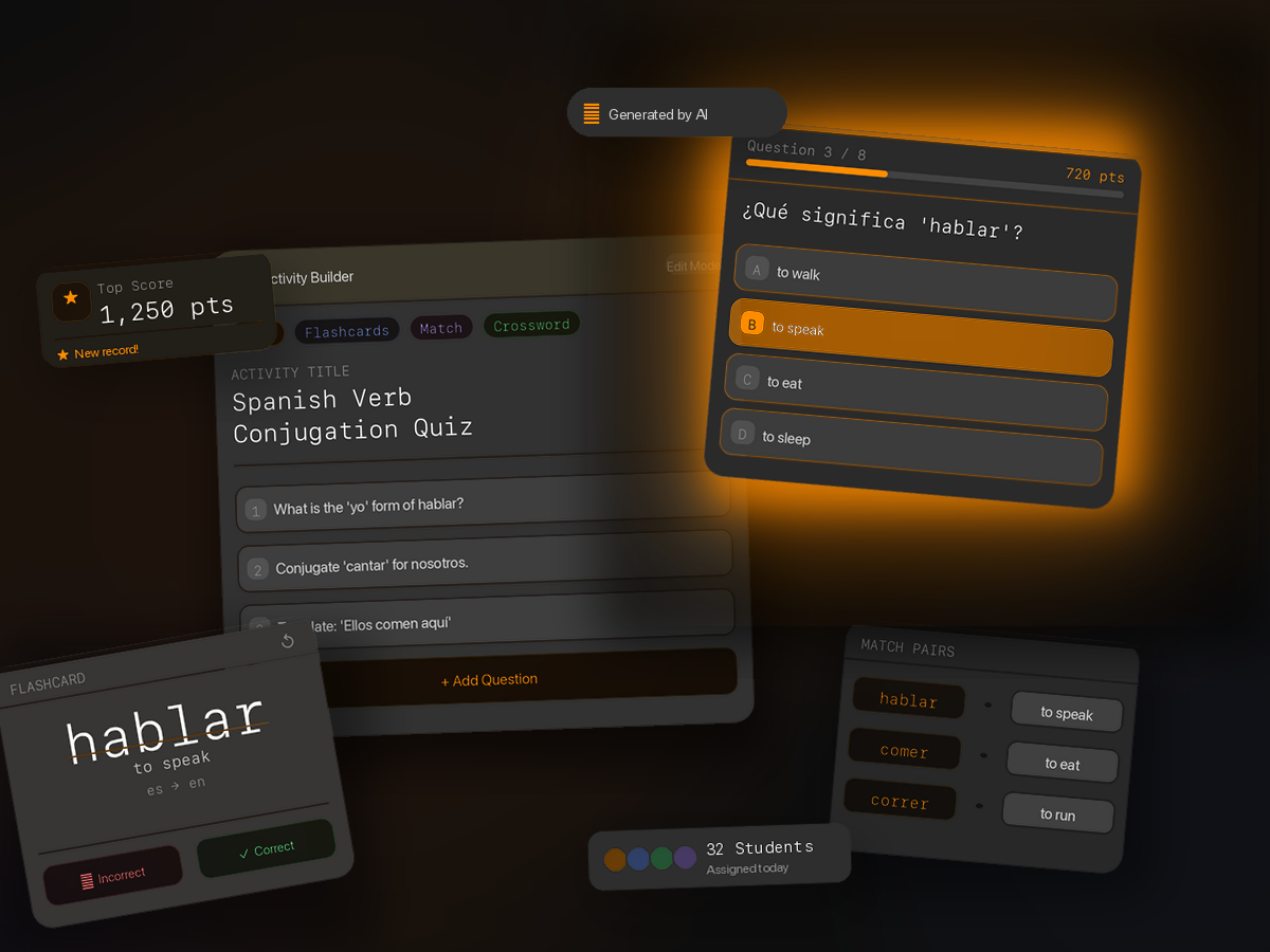 Lingoken product preview: game builder, quiz, flashcards and match pairs